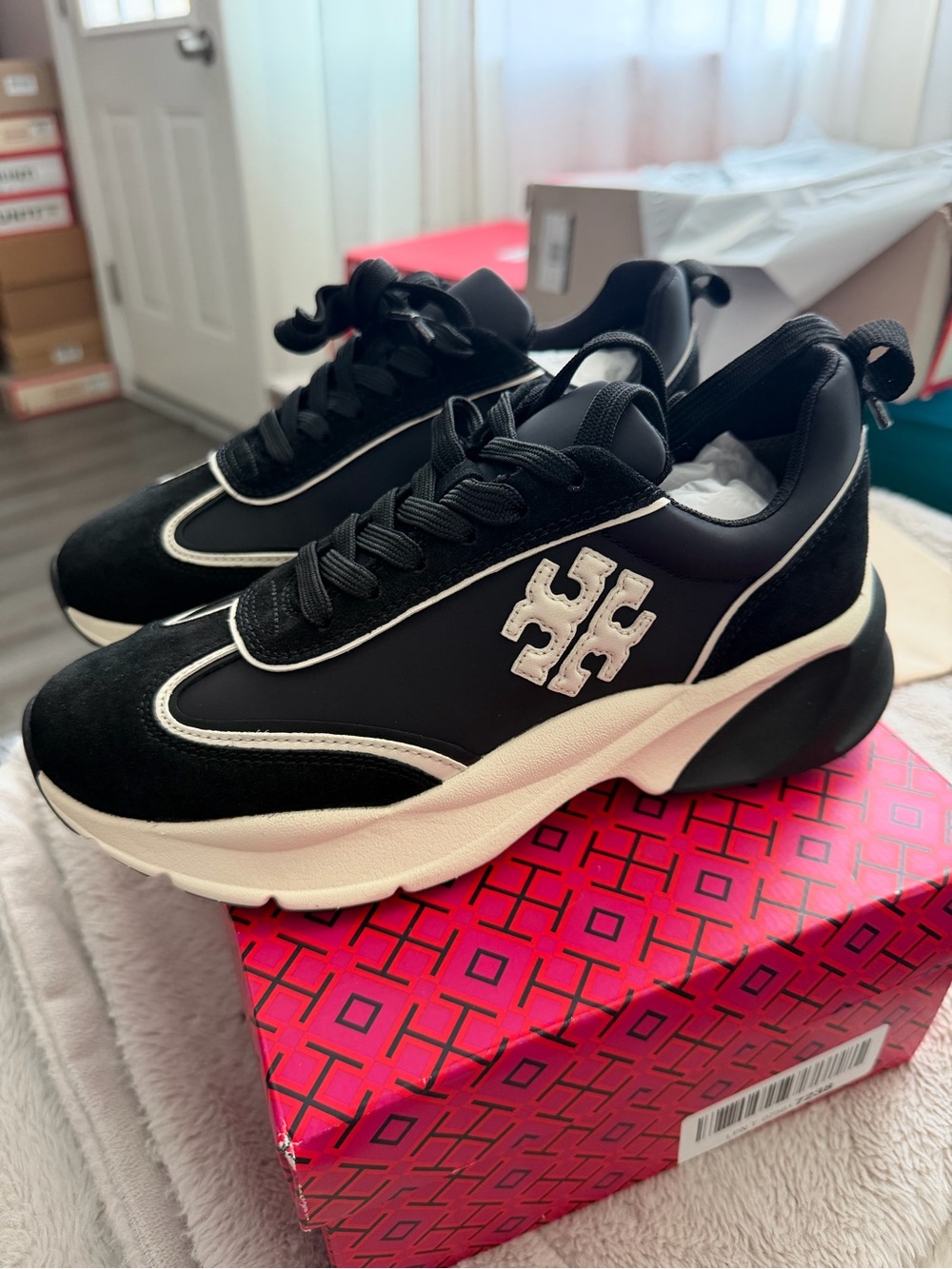 Tory Burch Women's Good Luck Trainer Sneakers, Perfect Black/New Ivory, 7.5